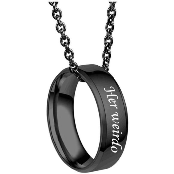 Matching Necklaces for Couples-His Crazy Her Weirdo Engraved Ring Pendant - Picture 6 of 8